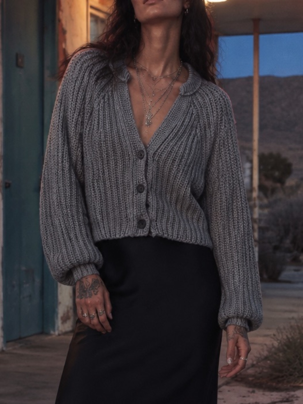 FREE PEOPLE Sweet Nothing Cotton Cardi - Gray Cropped Knit Cardigan Sweater - Picture 4 of 12